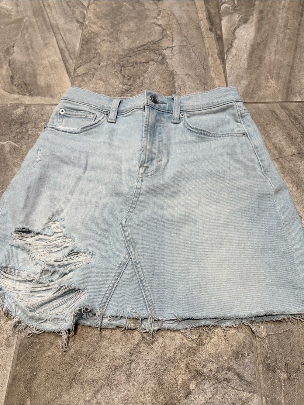 7 For All Mankind Light Blue Distressed Denim Mini Skirt